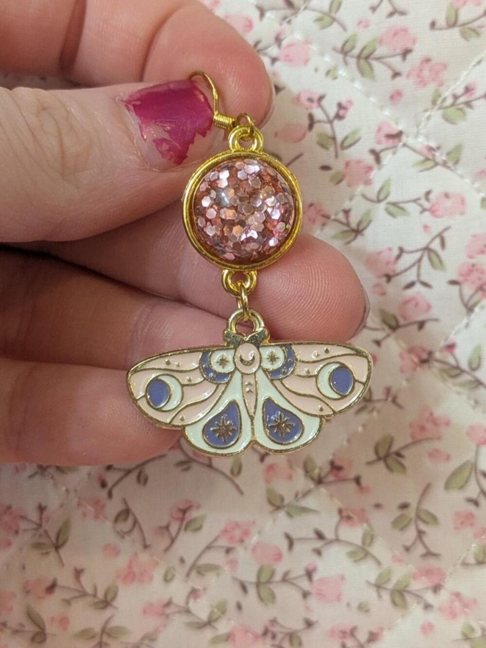 Handmade Pink & blue moth earrings
